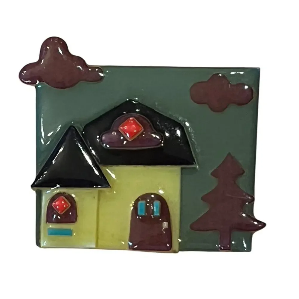 House Pins By Lucinda Vintage 1990s Brooch Signed W/ Sticker Colorful 2.25”